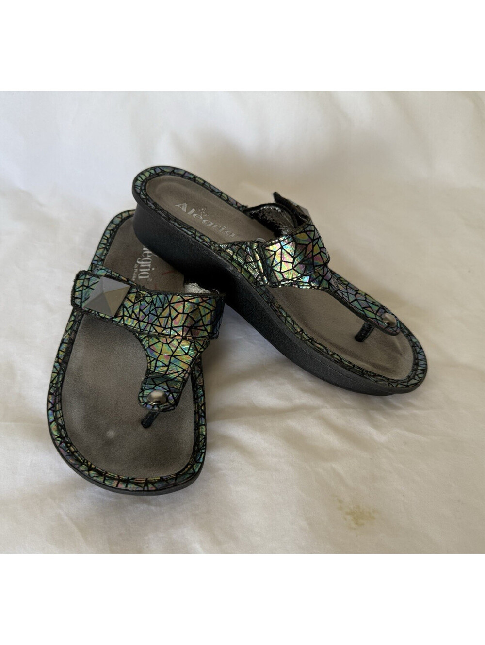Alegria Carina Tectonic Leather Platform Thong Sandals 37 7-7.5 Multi Iridescent